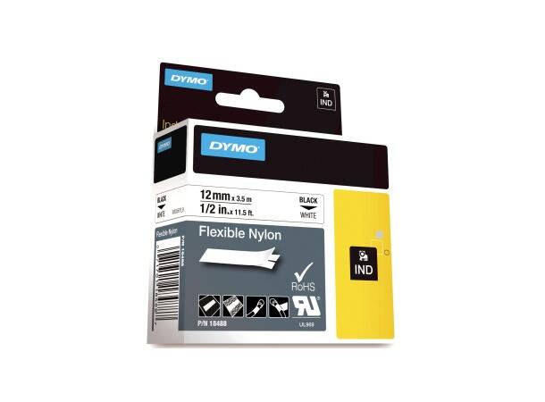 Tape DYMO Rhino nylon sort/hvit 12mm 